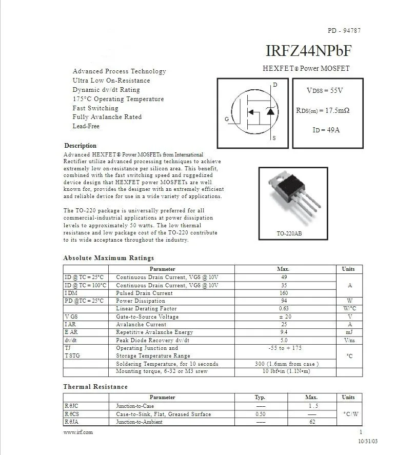 10 Stück IRFZ24NPBF IRFZ24N IRFZ34NPBF IRFZ34N IRFZ44NPBF IRFZ44N IRFZ46NPBF IRFZ46N IRFZ48NPBF IRFZ48N IRFZ14PBF IRFZ14 TO-220 neu – Detail 3