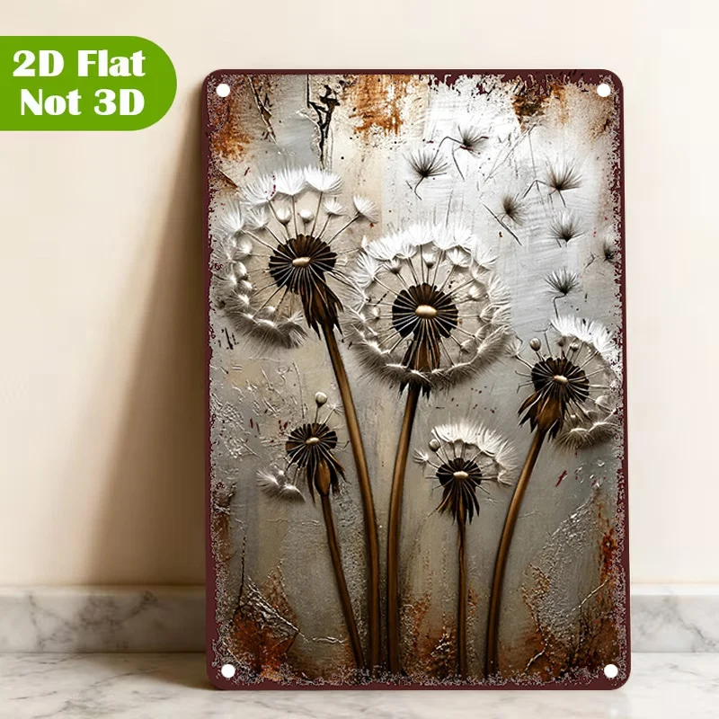 2D Flat 1Pcs Dandelion Pattern Metal Tin Sign, Botanical Theme Decorative Plaque 20x30cm, Wall Art Decor for Home Cafe, Gift Orn