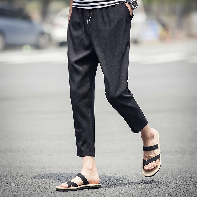 

2023 New Spring Plaid Ankle-length Men Sweatpants Casual Linen Joggers Trousers 3 Colors M-3XL AYG226