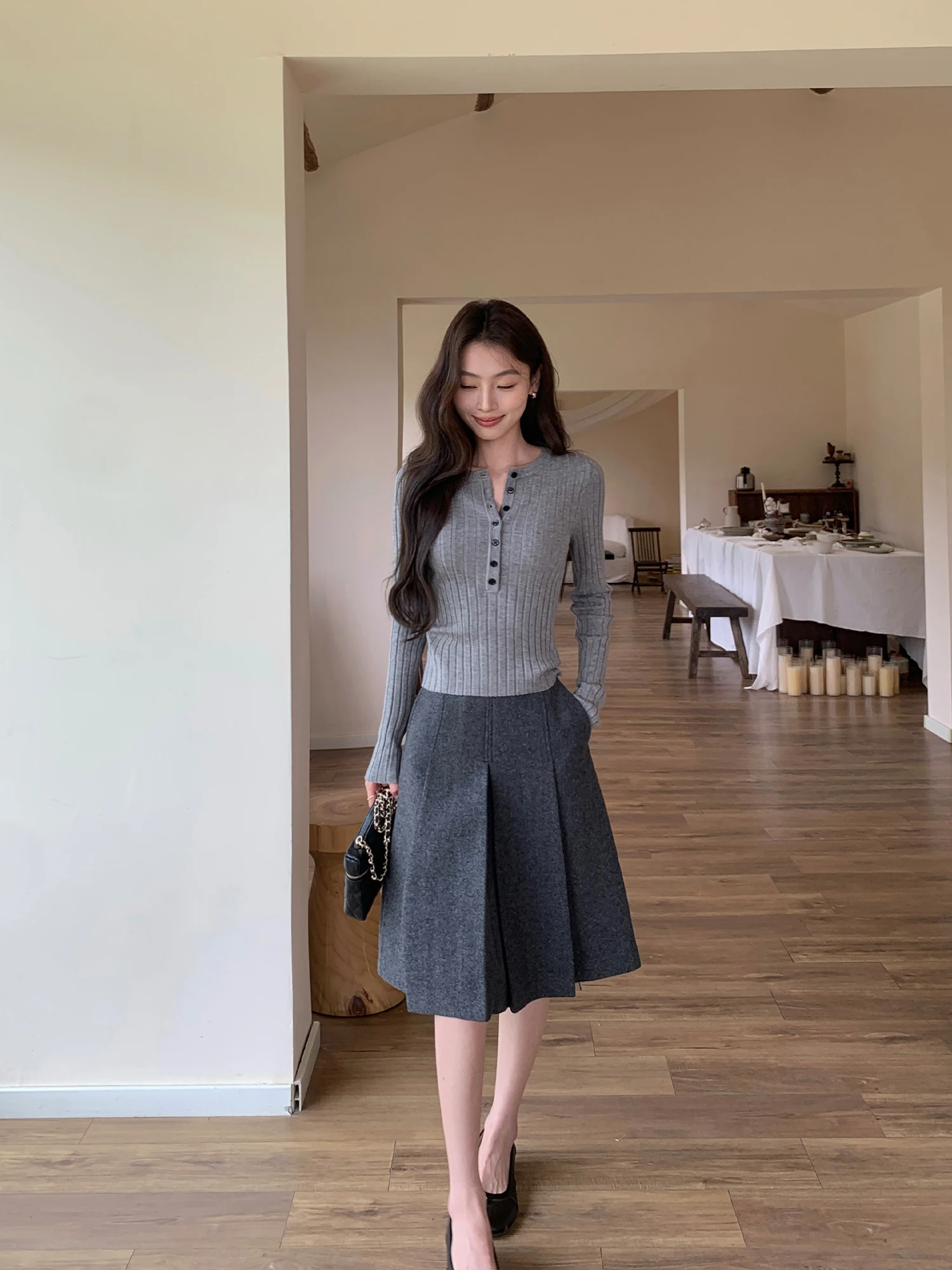 Pusumede Lost Rill Vintage College Style Woolen A-Line  Skirt Women's Design Pressed Pleats High Waist Skirt