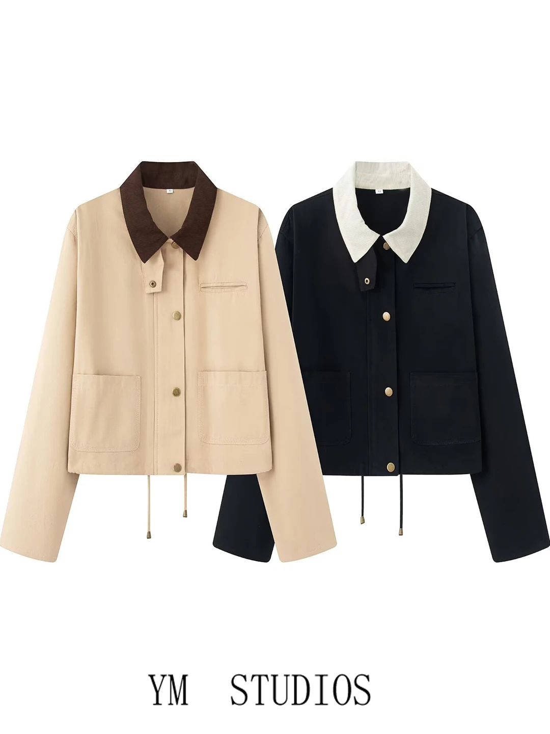 

Retro American Contrast Color Collar Short Workwear Jacket Women's Casual Top Spring Autumn Seasonal Lightweight Long Sleeve