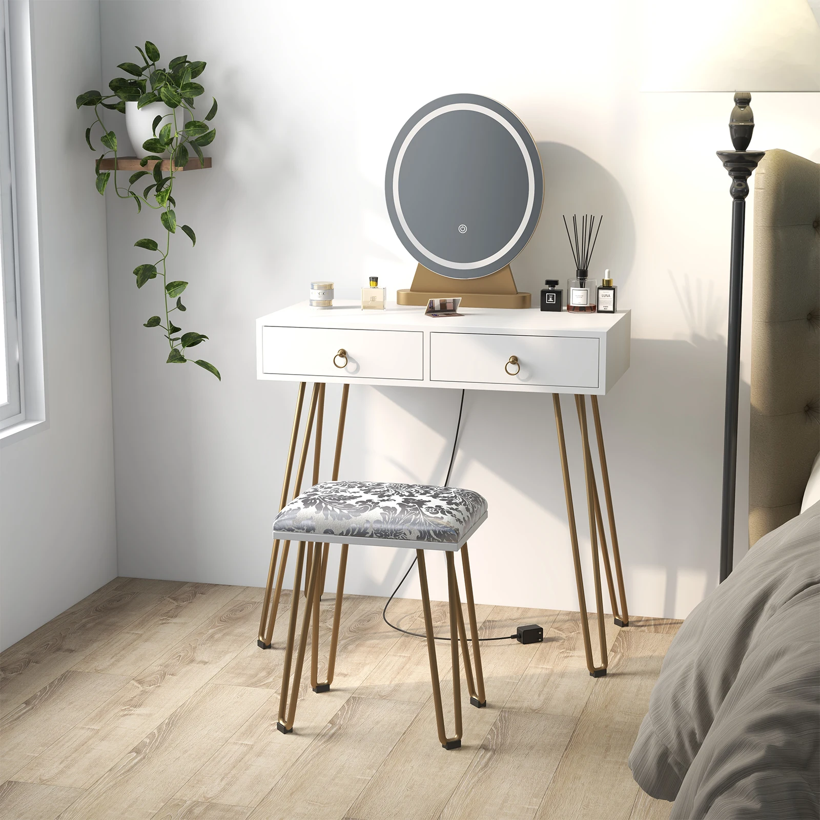Modern White Makeup Vanity Desk with Adjustable LED Mirror – 3 Brightness Modes – 2 Storage Drawers – Cushioned Stool – Compact Bedroom Dressing Table Set for Girls and Women