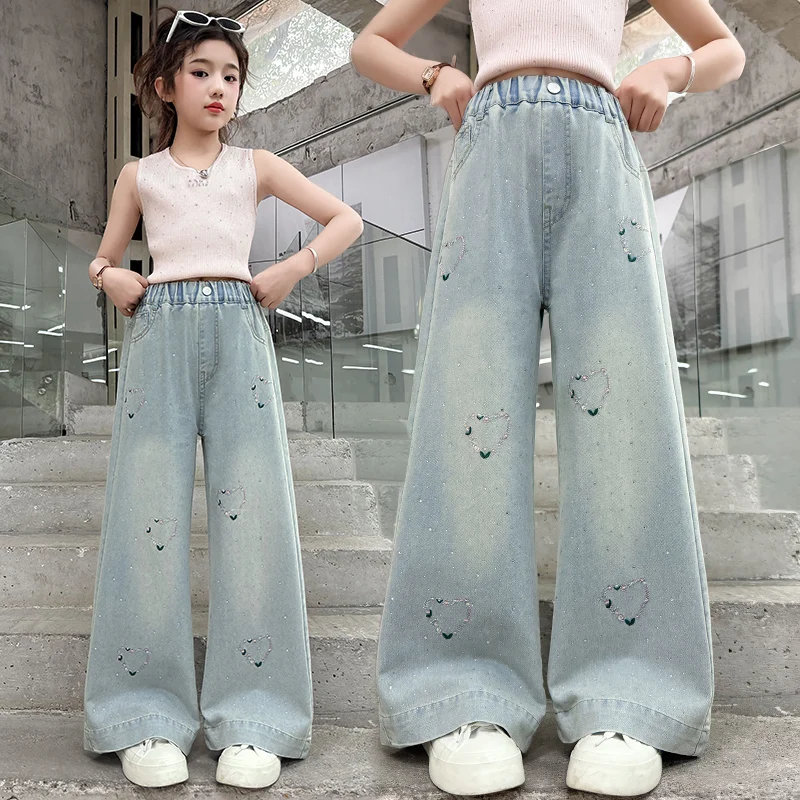 

Children Spring Autumn High Fashion Rhinestone Jeans with Hearts for Tween Girls Luxury Design Crystal Denim Pants Kids Trousers