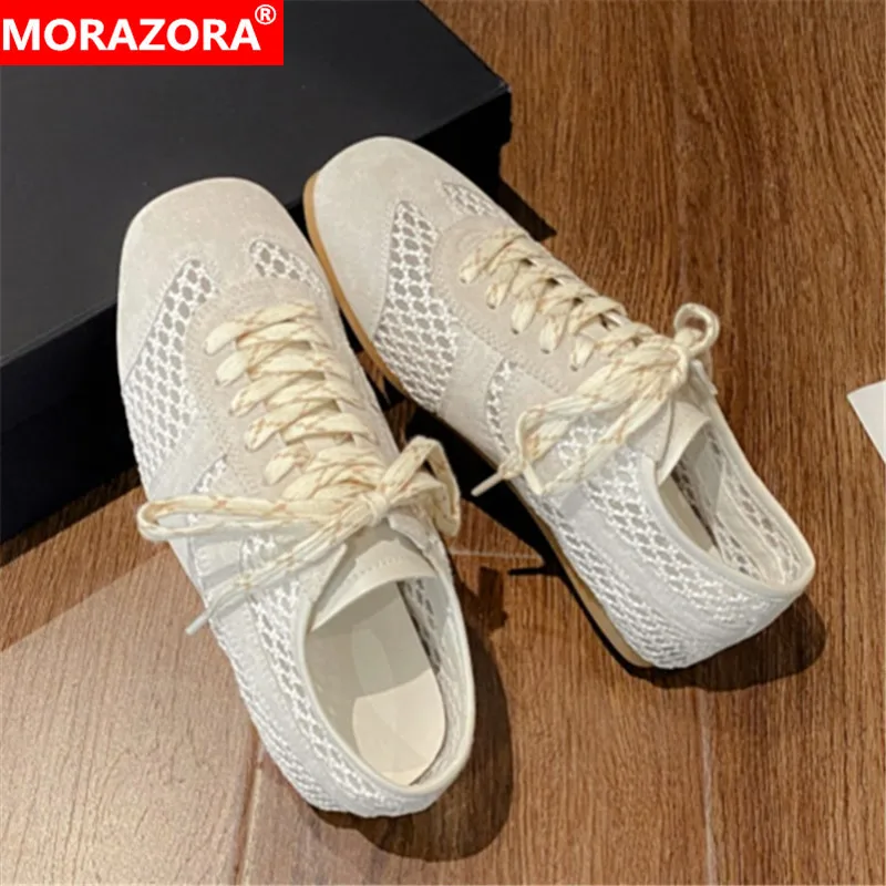 

MORAZORA INS Fashion Suede Leather Women Sneakers Lace Up Mesh Breathable Cut Outs Flat Shoes Summer Casual Shoes Female