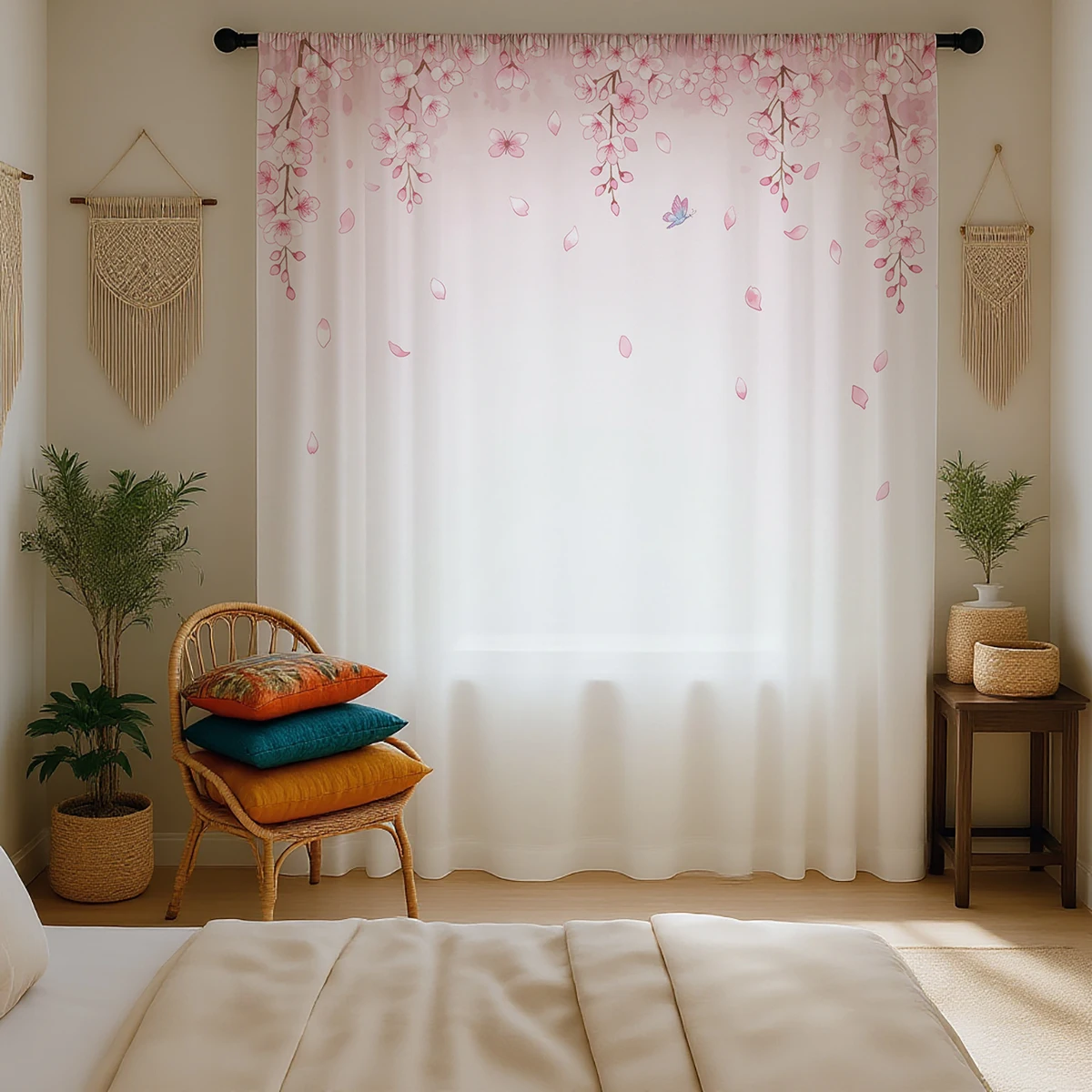 1 Pc Pink Gradient Peach Blossom Sheer Curtain - Translucent, Light Reducing, Privacy, Rod Pocket, for Living/Bedroom/Kids Room