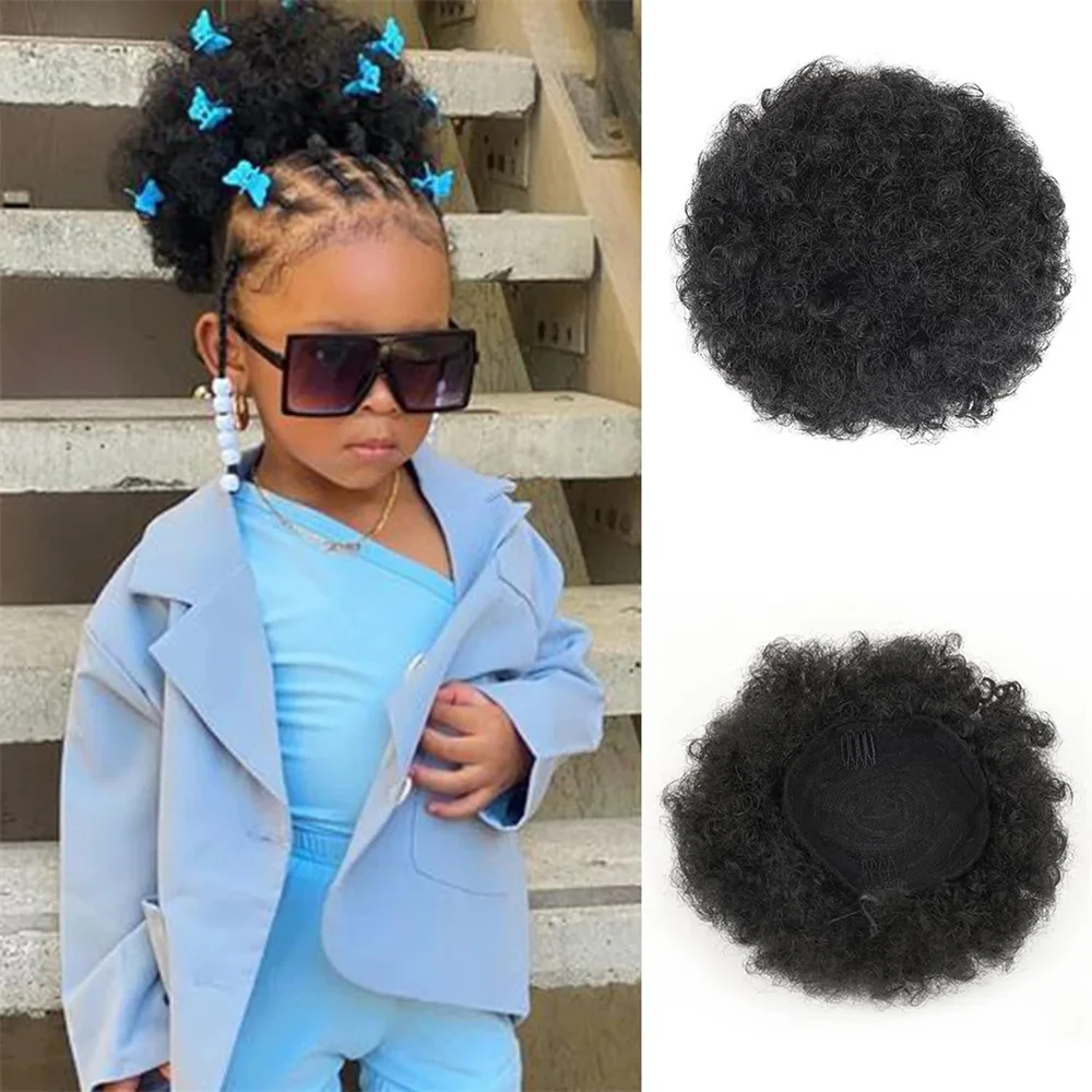 Kids Hair Puff Natural Black Human Hair Afro Puff Drawstring Ponytail dla dziewczynek Czarne kobiety 4-calowe perwersyjne kręcone włosy Updo Chigno