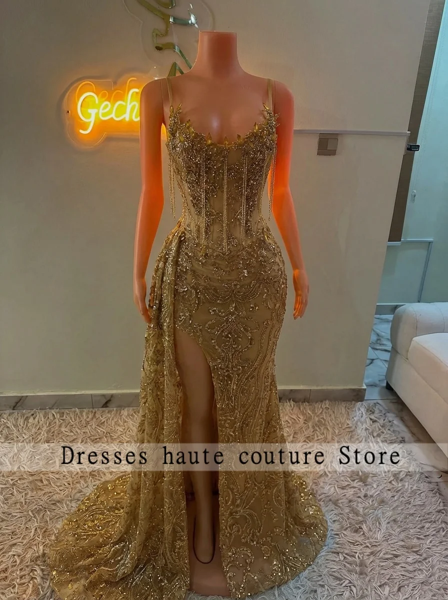 Luxury Gold Diamond Prom Dresses 2026 With Tassels Sequined African Women Formal Wedding Party Dress Evening Gowns Customized