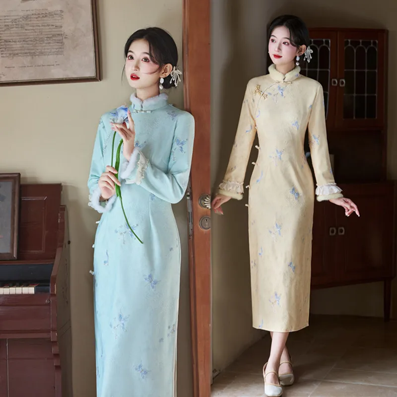 

Модное улучшение, новый китайский длинный вышитый Cheongsam для девочек, осень/зима 2023, новый Cheongsam Qipao с длинными рукавами