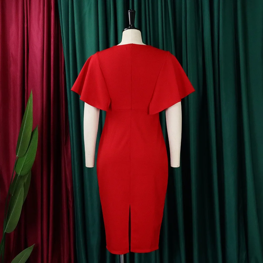 Elegant Bodycon Dress for Women 2024 O Neck Cut Out Ruffles Sheath Package Hips Mid Calf Professional Work Dress Midi Vestidos