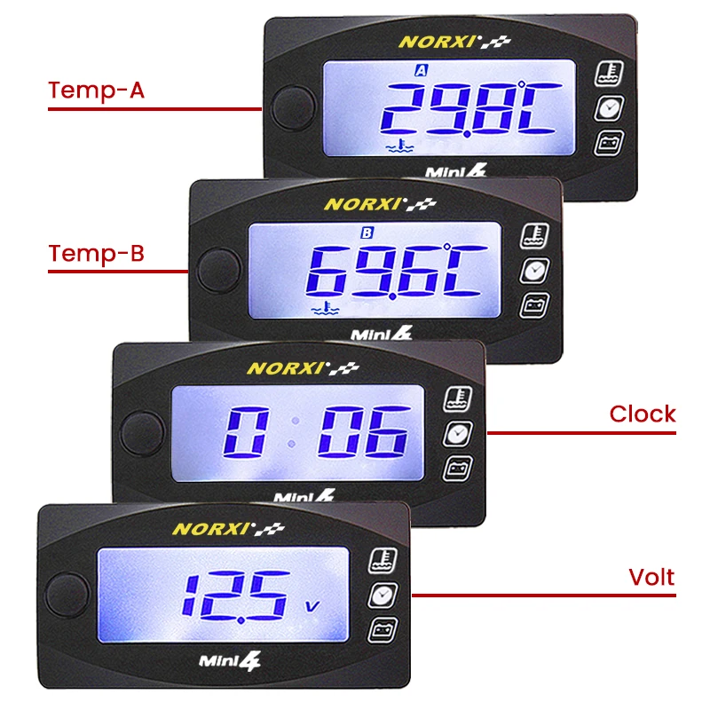 koso MINI 4 DUAL temp meter painel digital para moto universal Water temperature Oil temperature Voltage Time norxi