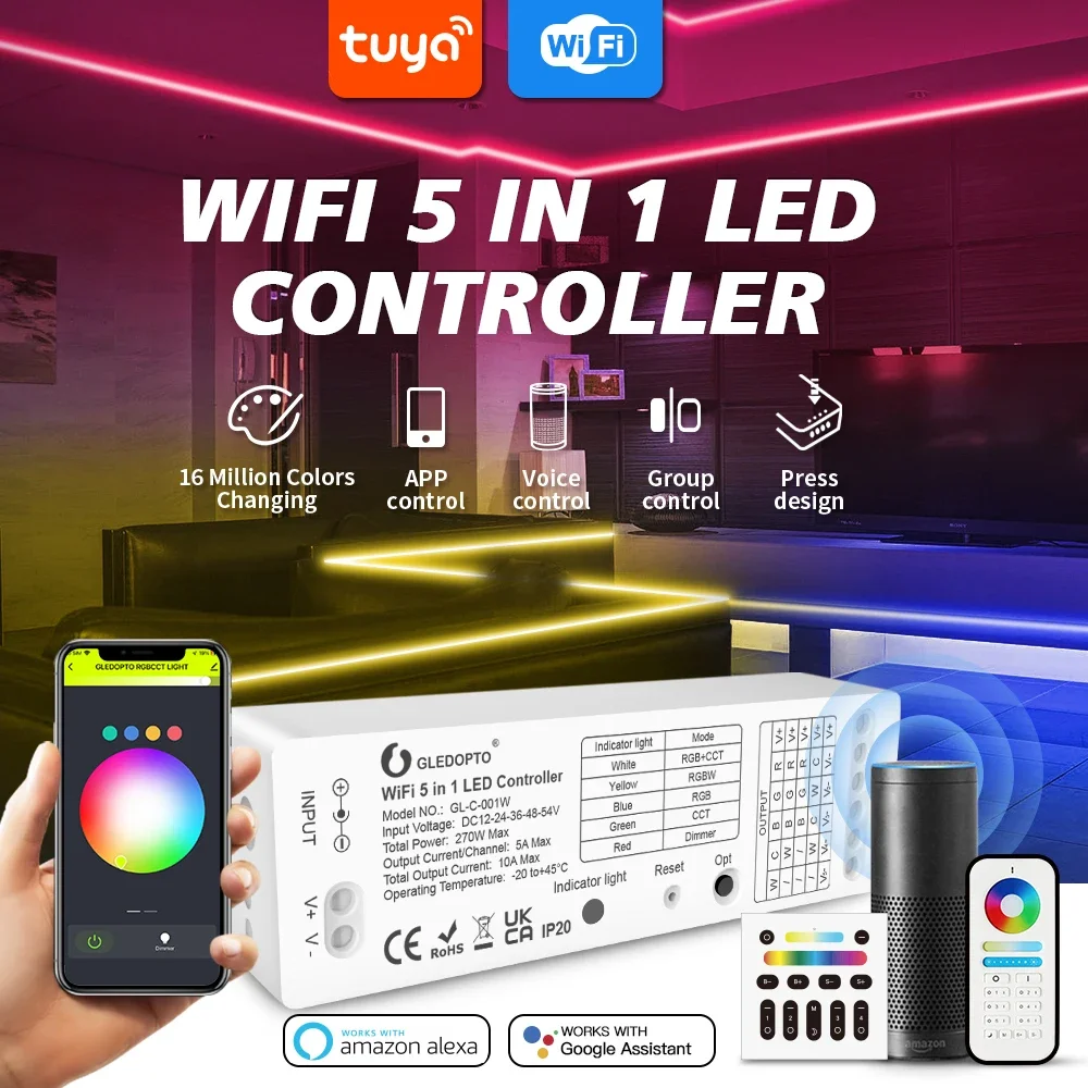 Gledopto Yandex Alice WiFi 5 in 1 LED Controller Strip Light App Alexa Voice Control Work with Tuya Smart Life No Hub Require