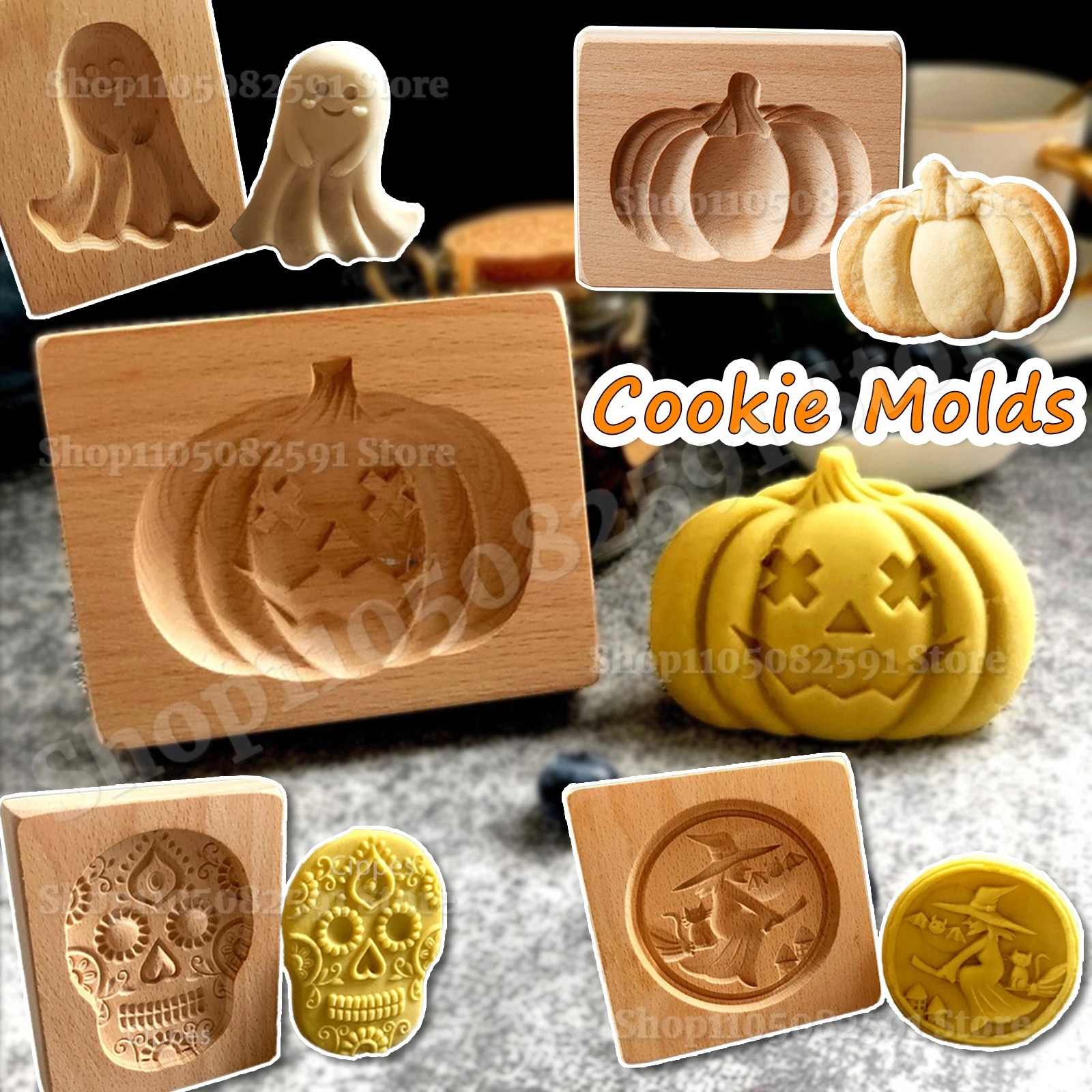 

Wooden Cookie Molds for Halloween, 3D Carved Embossed Gingerbread Mould for Baking, Pumpkin Skull Ghost Witch