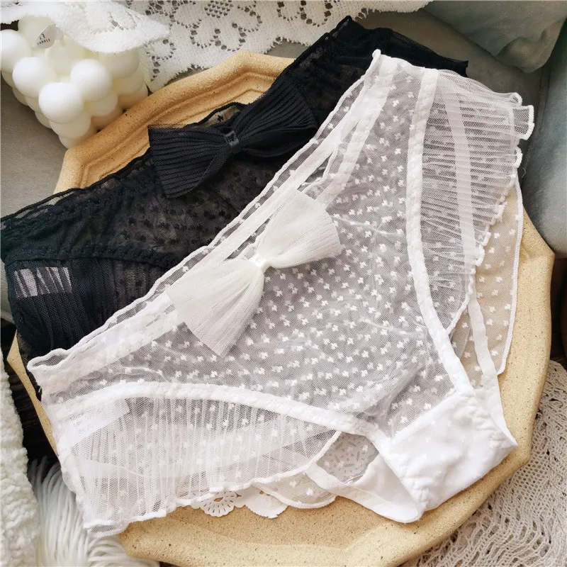 Sexy lady underwear sweet gauze ruffle girl panties lovely big bow student panties low waist female panties lace briefs female