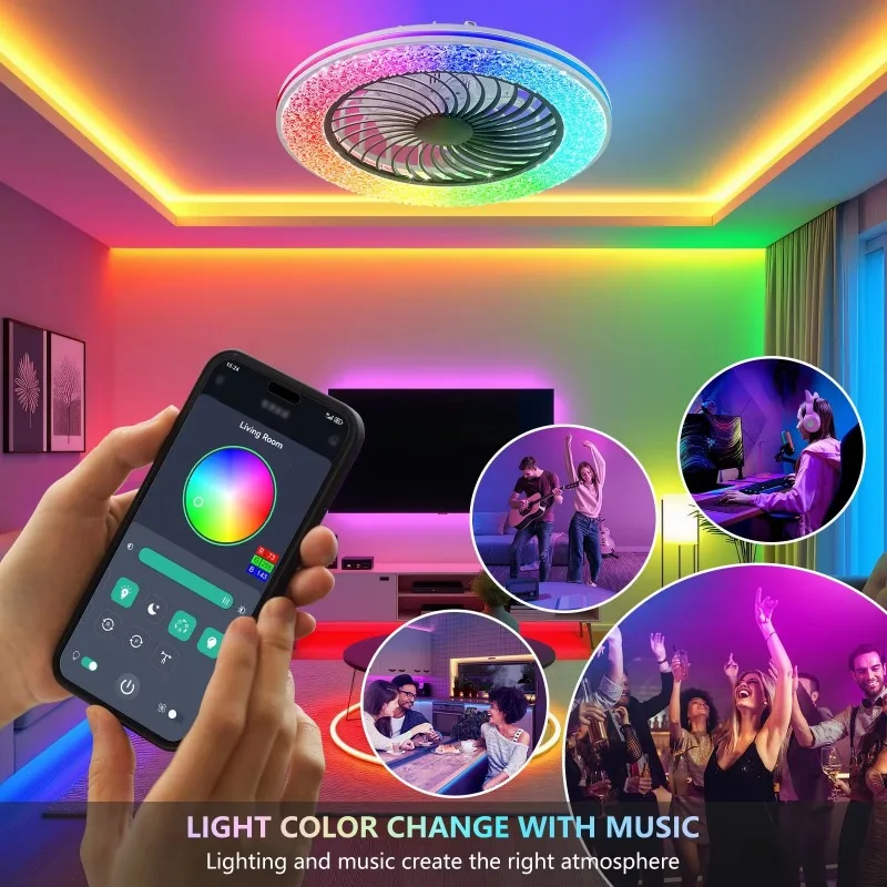 23 Inch Modern LED Ceiling Fan with Lights RGB Bladeless Design Low Profile for Living