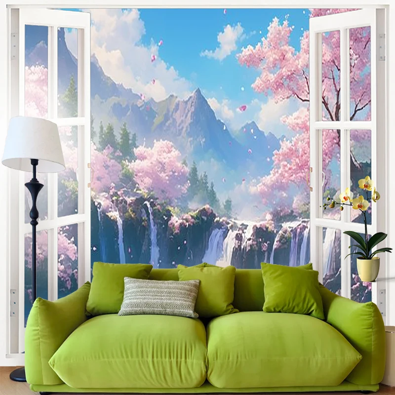 1PC Digital Print Tapestry Wall Hanging, Fake Window Tropical Island Beach Art, Nature Scenery 3D Window Wall Art Decor