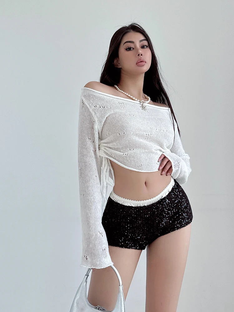 

Liviahome Pure Desire: Тонкий вязаный топ с плиссировкой и вырезами на одно плечо для женщин, защита от солнца, уличный стиль