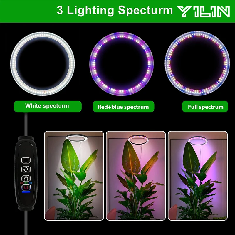 Luz LED de cultivo de plantas de 16cm/6,3 pulgadas, lámpara de cultivo de espectro completo, altura ajustable con temporizador de encendido/apagado automático 3-9-12 para plantas de interior