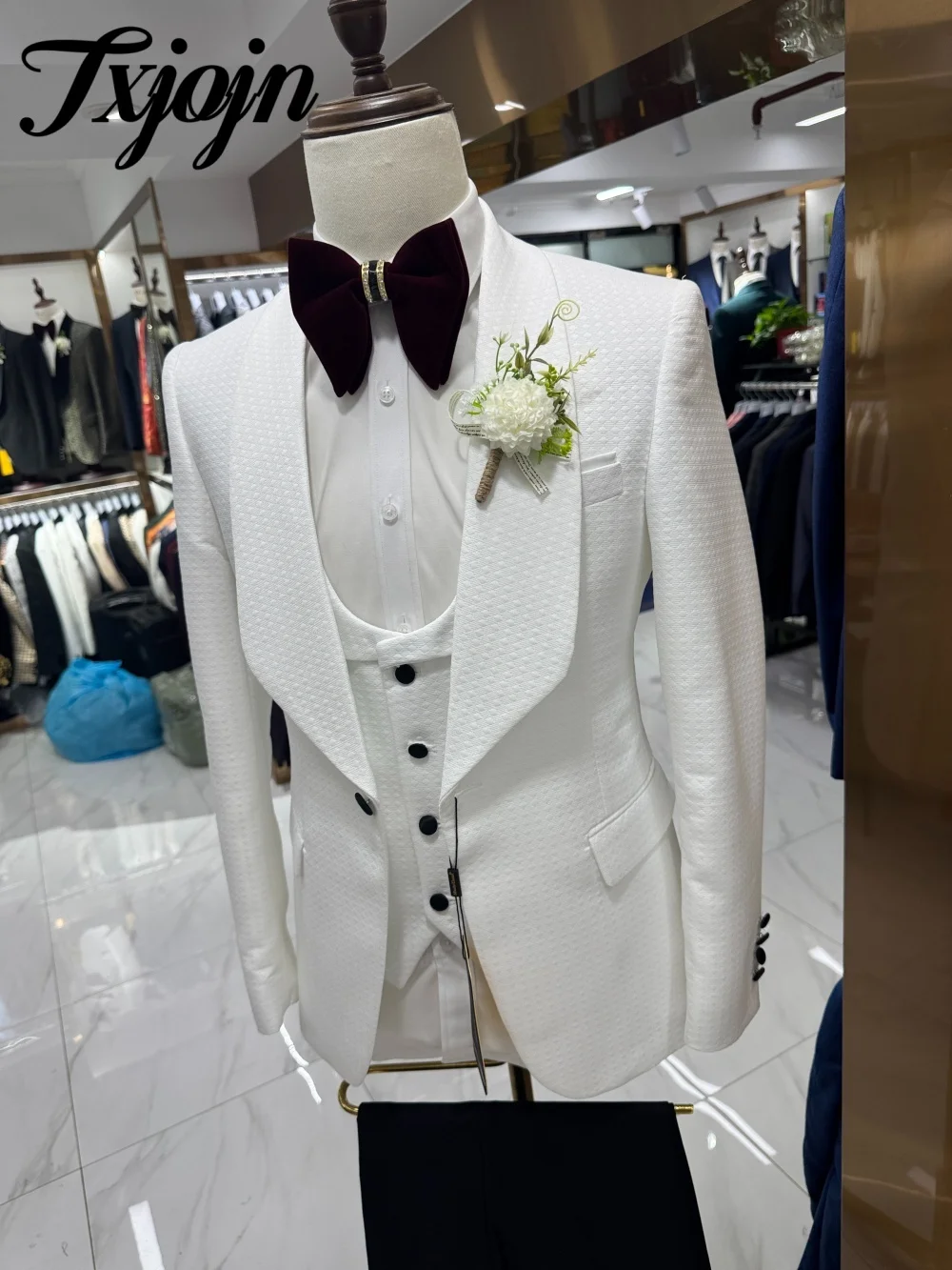 Elegant Single Button Men Suit Set 2025 3PCS Charming Jacquard Men Office Suit Classic Solid Groomsmen For Business Wedding Suit
