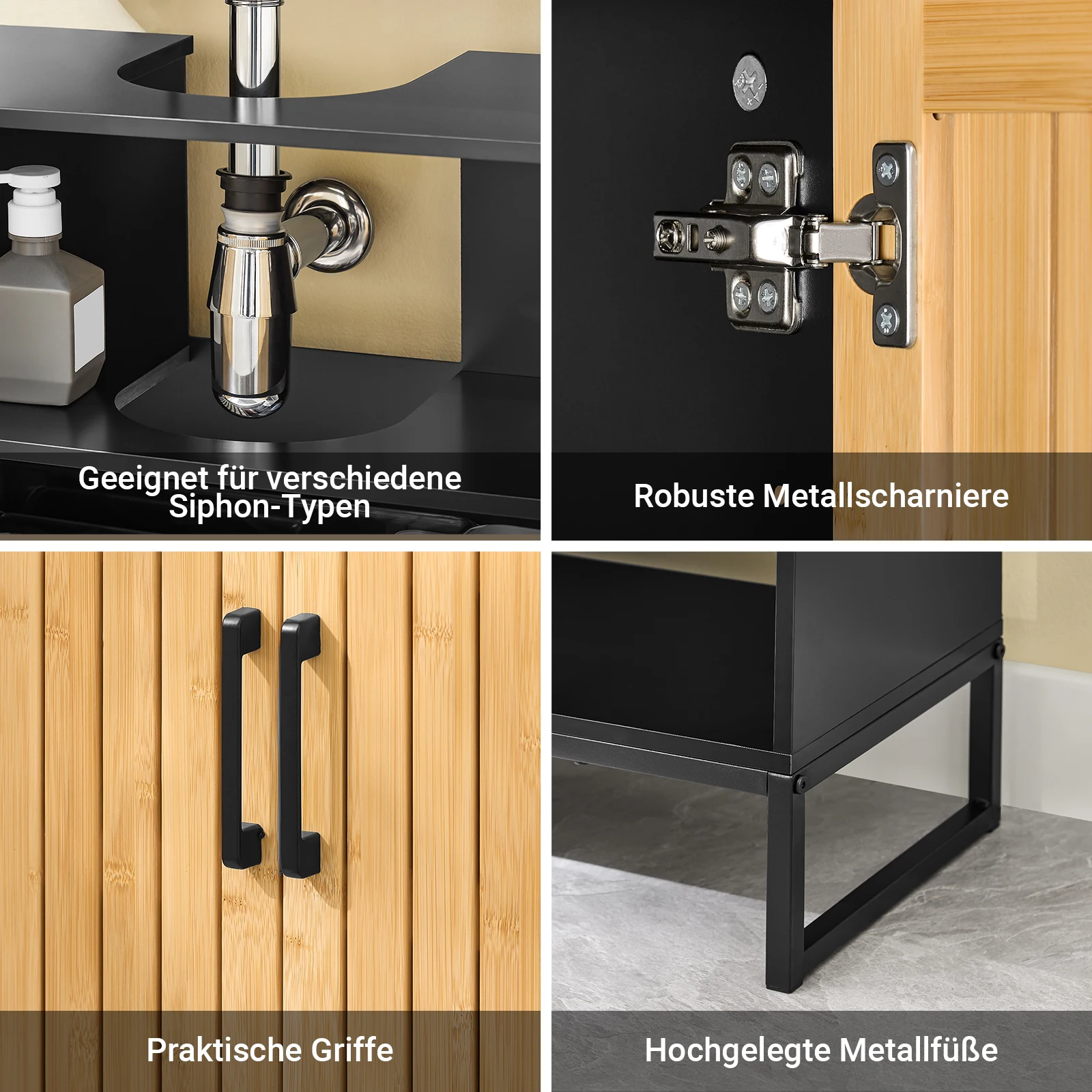 SoBuy BZR202-SCH Waschbeckenunterschrank 60 cm breit mit Bambus Tür & Metallfüßen höhenverstellbare für kleine Bäder Gäste WC – Detail 8