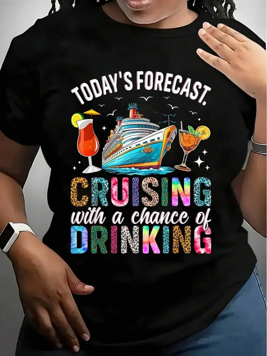 Women Casual Crew Neck Short‑Sleeve Graphic Tee, Fashion New Arrival, Fun Cruising‑Vibe 