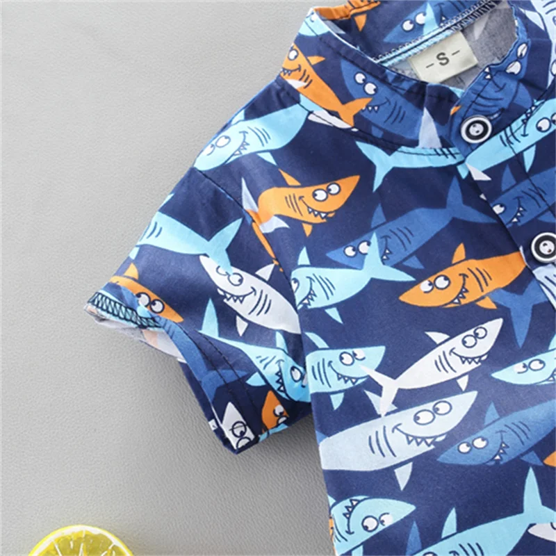 2PCS Infant and Toddler Summer Fashion Full Body Shark Pattern Random Printed Shirt Shorts Set