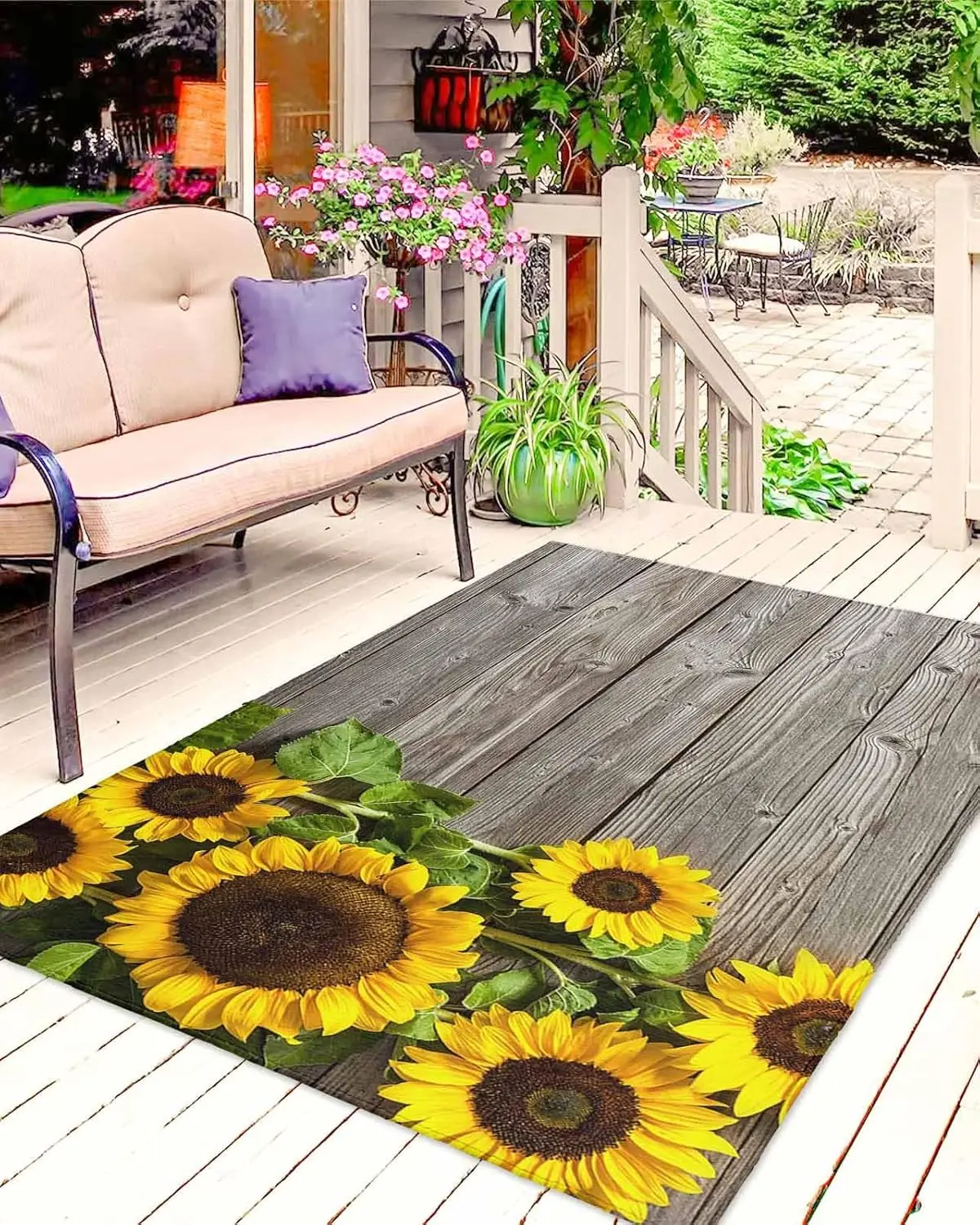 

Outdoor Rug, Large Floor Mat Blooming Sunflower On Vintage Wooden Board Non Slip Area Rug Rubber Backing Quick Dry Clearance