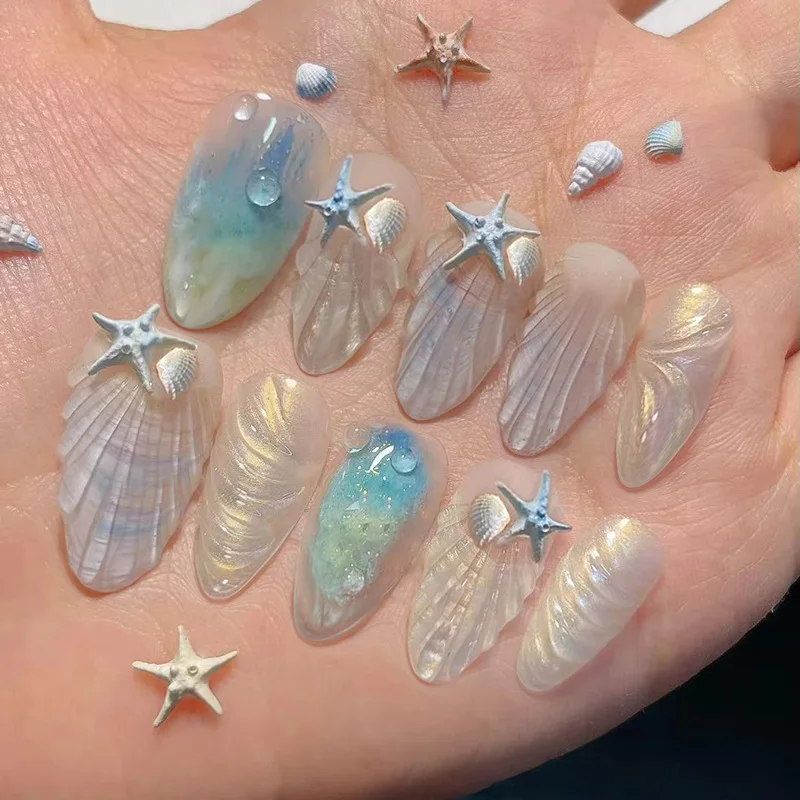 30pcs Mermaid Sea Shell Press On Nails Starfish Conch Decor Blue Gradient Glitter False Nail Long Almond Fake Nail for Women