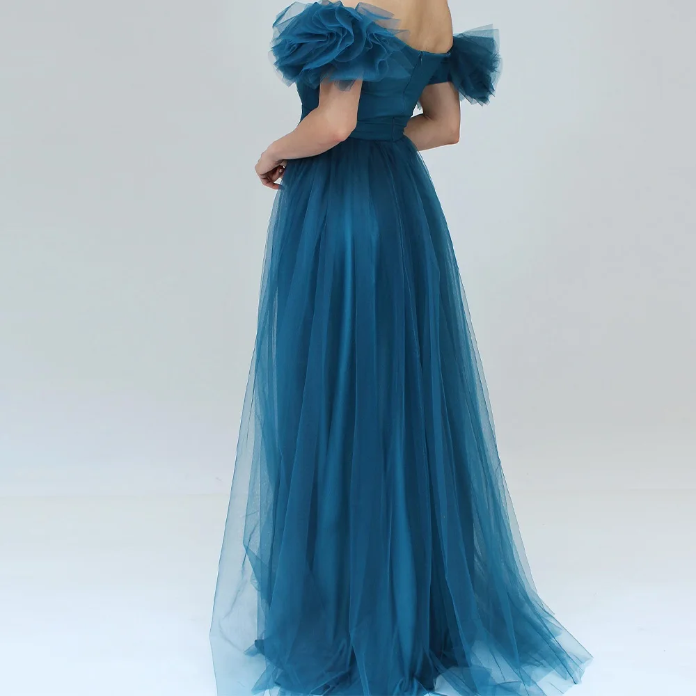 Tulle Front Slit Ruffles Zipper Back Off the Shoulder Sleeveless Exquisite and Graceful Evening Dress Sweep Train Floor Length