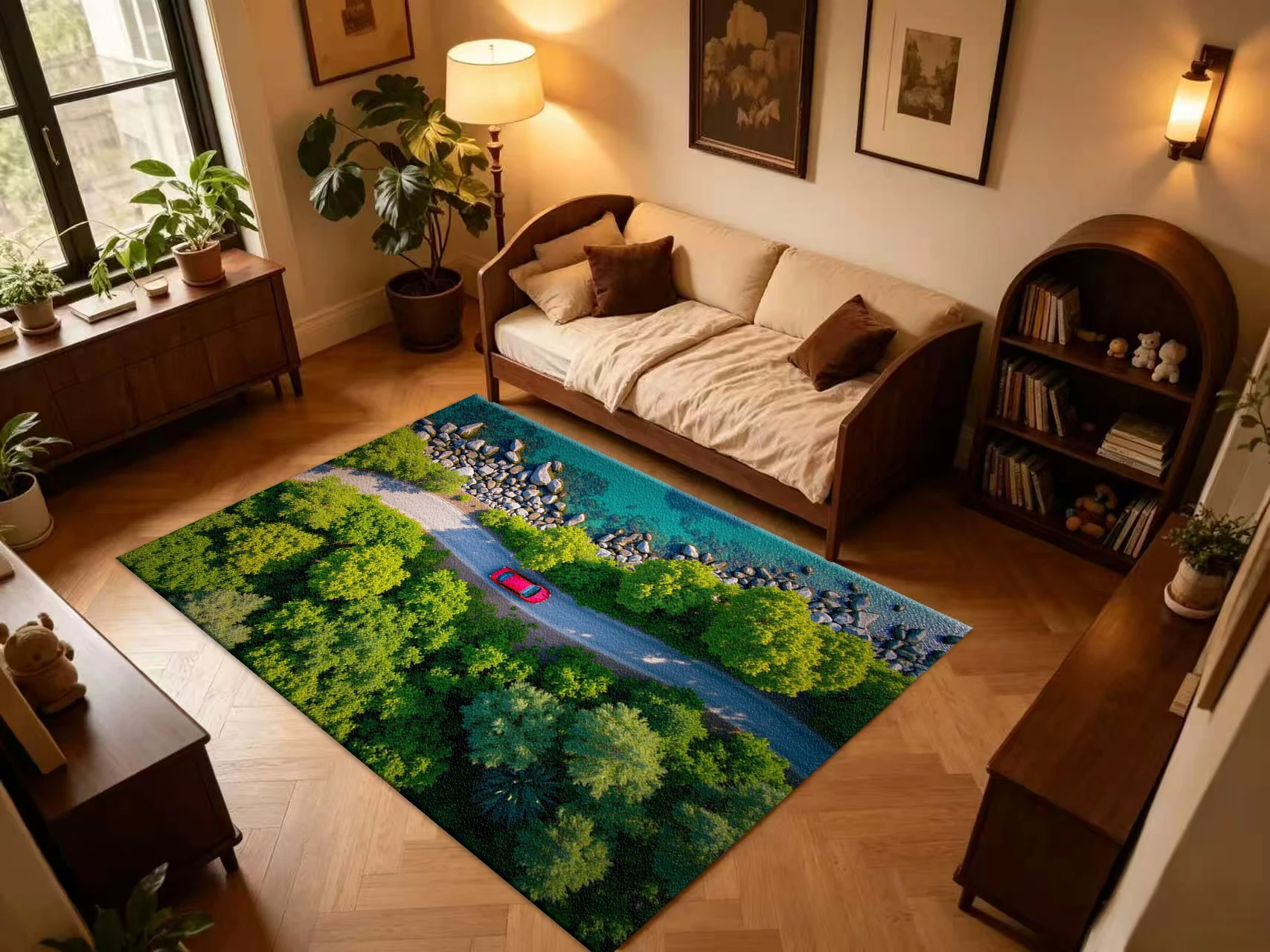 Aerial Top View Red Car Forest Coastal Road Carpet Flooring, Nature Travel Scenery Non-Slip Area Rug for Living Room Home Floor Decor