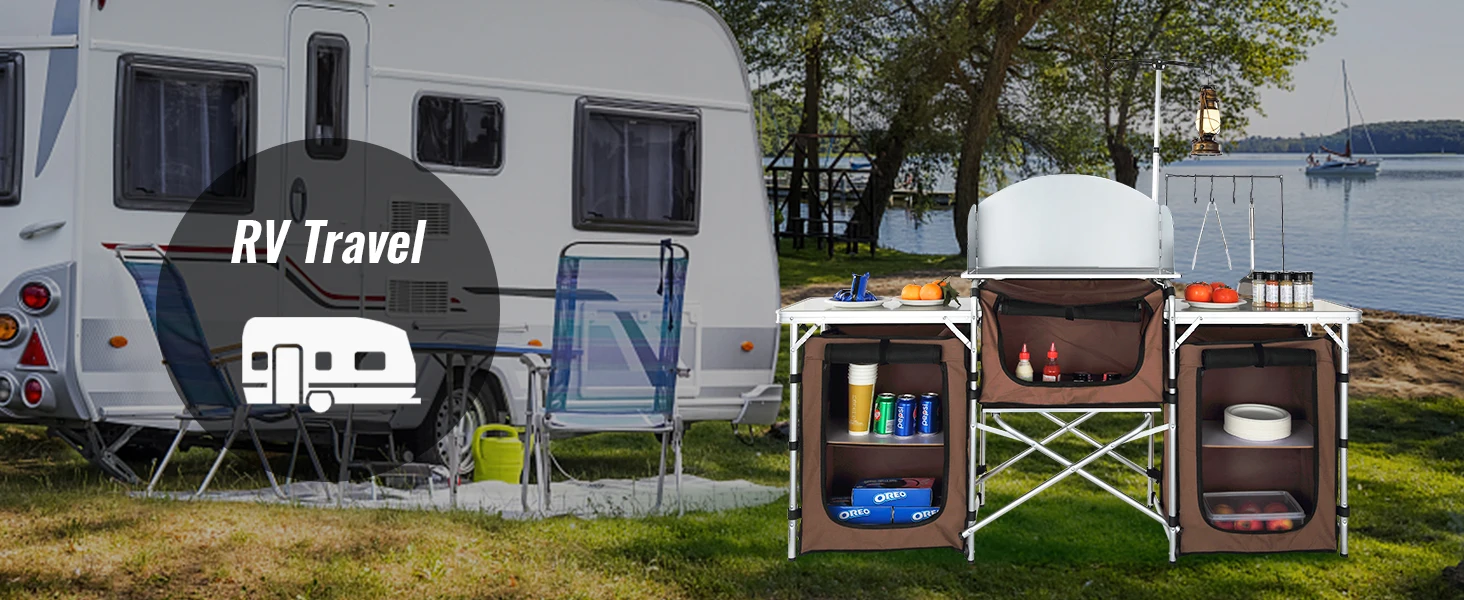 SucceBuy Camping Kitchen Table Folding Outdoor Cooking Table W/ Storage Carrying Bag Aluminum Cook Station 3 Cupboard Windscreen