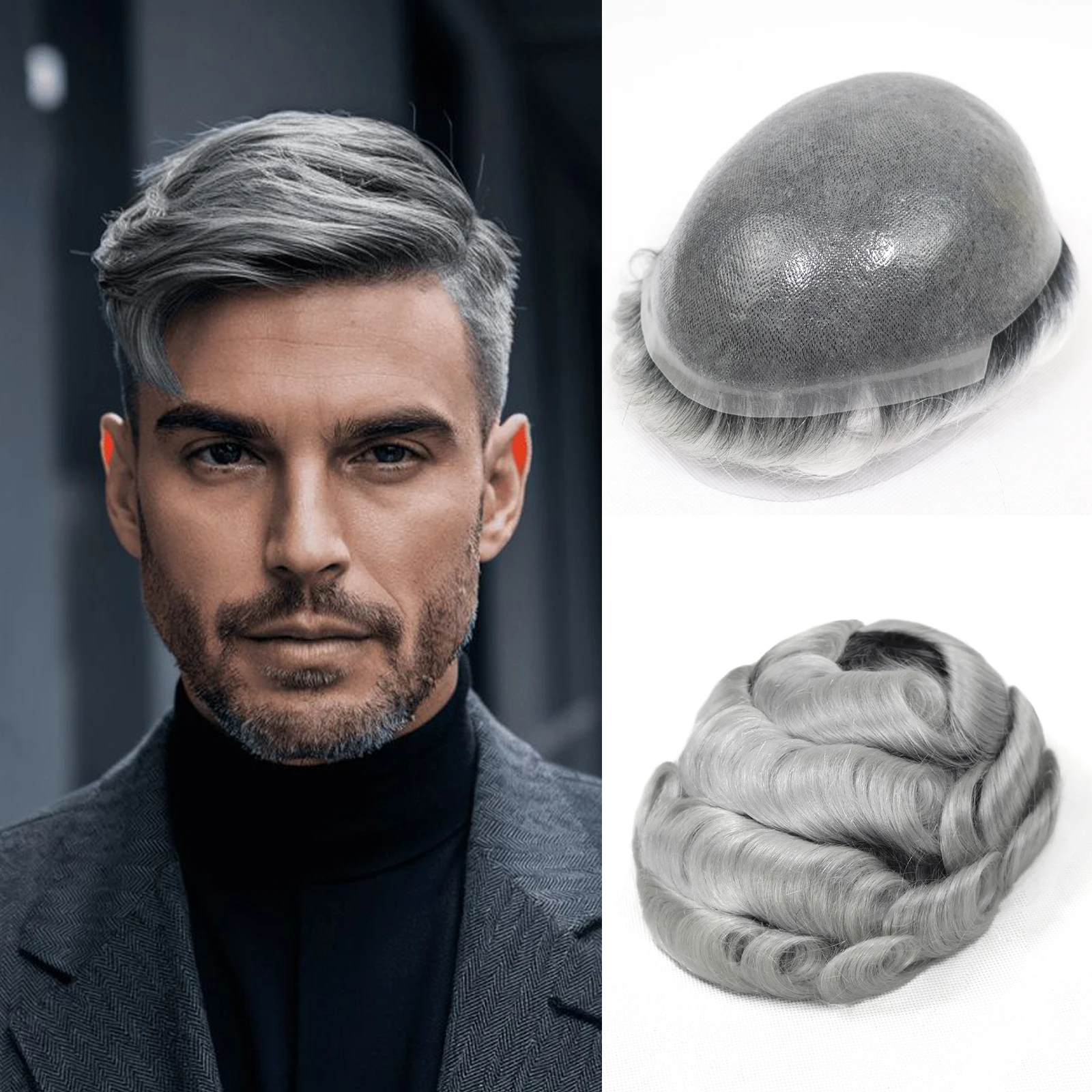 

Durable Men's Dark Root Gray Hairpiece Male 8x10Inch PU Base Knotted Toupee 0.06-0.08mm Natural Color Replacement Wig For Man