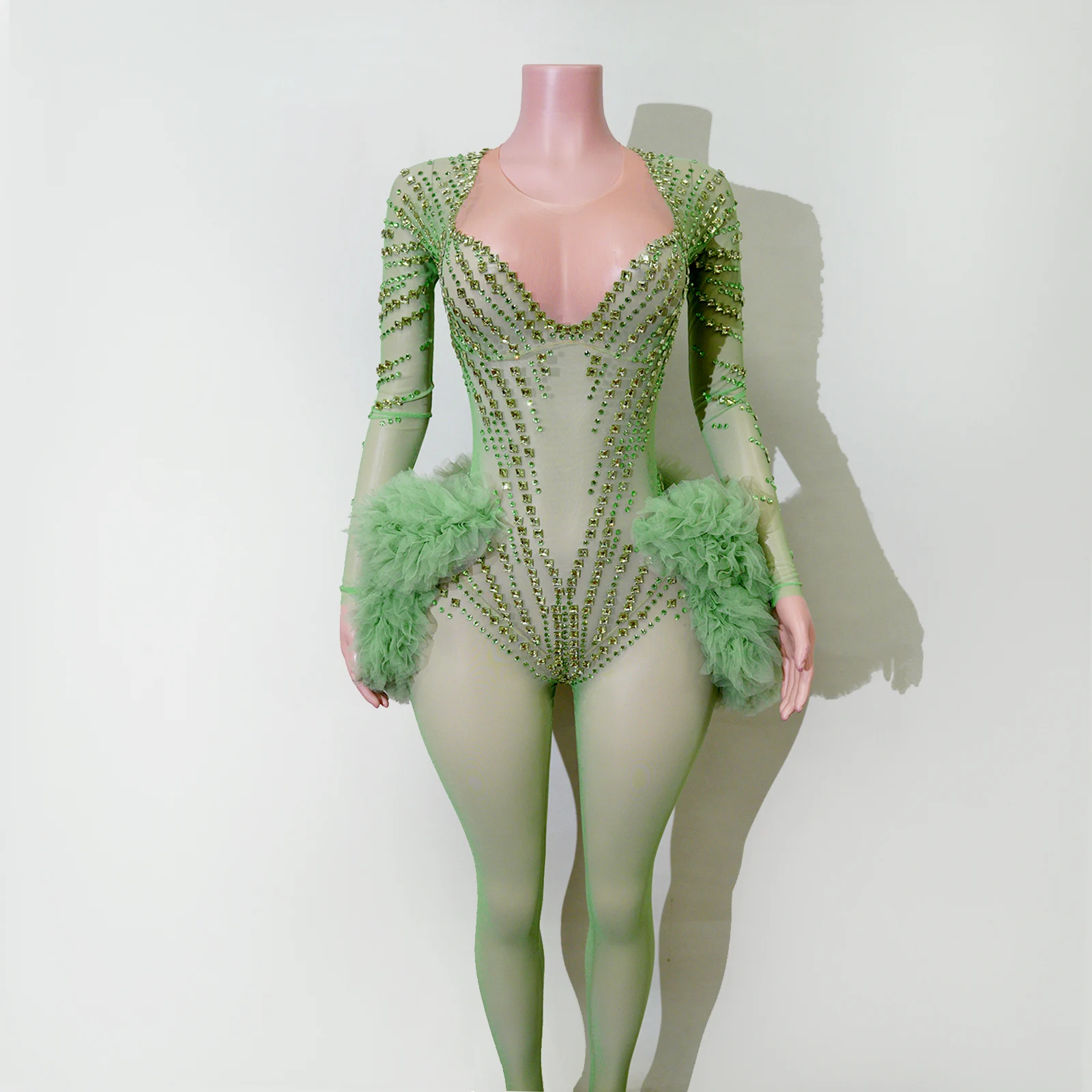 

Sexy Transparent Rhinestones Green Jumpsuit Mesh Ruffles Rave Bar Party Performance Dancer Singer Costume Nightclub Stage Outfit
