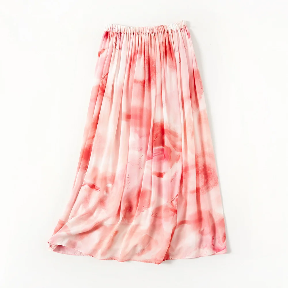 Winsleter-100%Silk Elegant Skirts, Elastic Waist Printed, Women Temperament Commute Party A-line Skirt, 2026 Spring New B61306CC