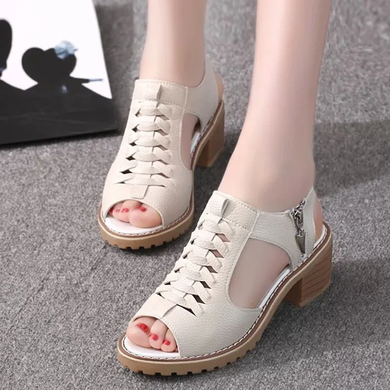 Comemore 2024 New Women\'s Square Heel Summer Shoes Leather Zip Gladiator Sandals Medium Heel Zip Platform Sandals High Heels 43