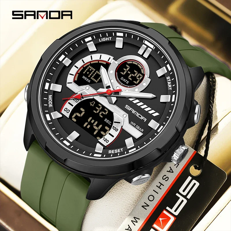 SANDA Fashion New G Style Dual Display ساعة إلكترونية للرجال 5ATM مقاومة للماء LED ضوء ليلي ساعات كوارتز رياضية متعددة الوظائف
