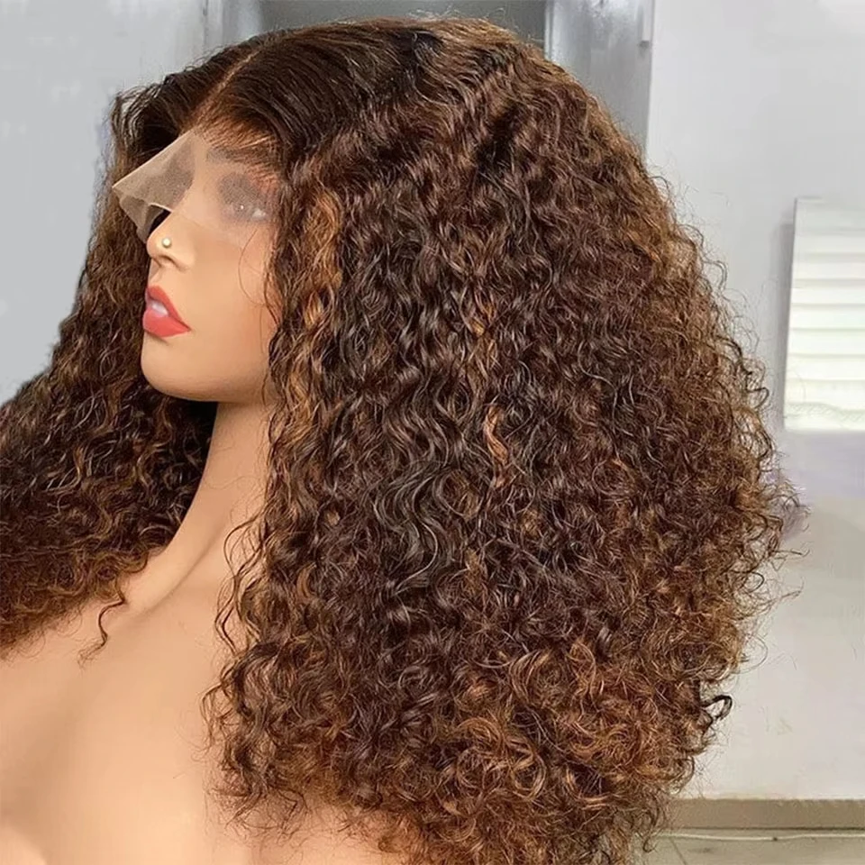 250% الكثافة تسليط الضوء على شعر مستعار جيري شعر بشري مجعد 13X4 الدانتيل الباروكات الأمامية للنساء P4/27 الملونة غلويليس الهندي 4x4 إغلاق شعر مستعار