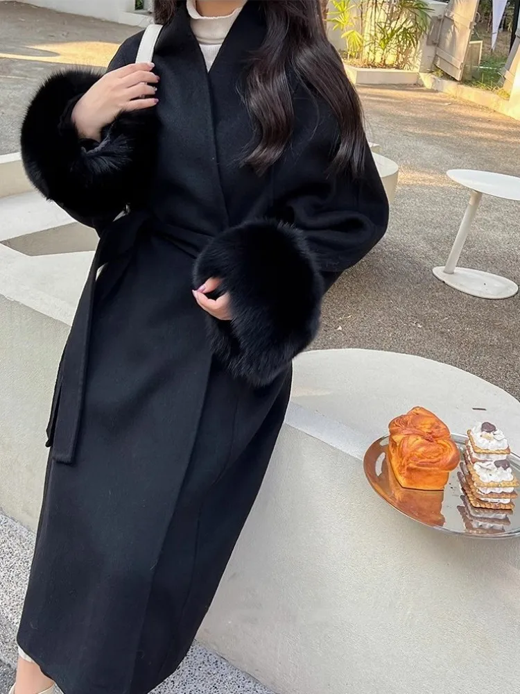 New Office Ladies Elegant Wool Coat V-Neck Autumn Winter Outerwear Belt Vintage Women Long Jacket Solid Color Fashion Overcoat