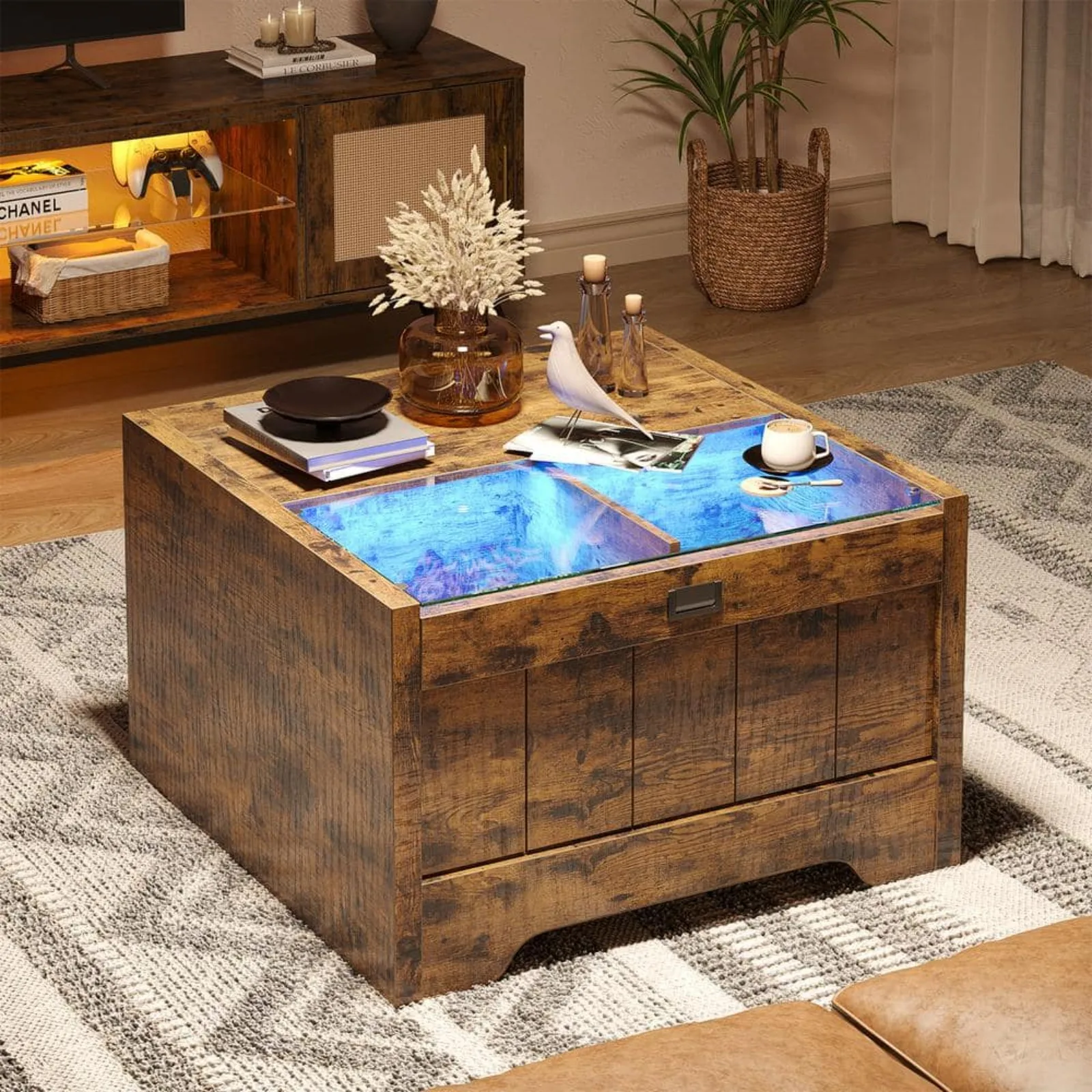 Nós 31.5 polegadas rústico quadrado madeira mesa de café, 2 armários de armazenamento, luz LED, marrom