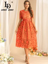 LD LINDA DELLA New style Autumn Women's Dress Short Sleeved Hollow Out Lace-UP Slim High waist Orange Dresses With Belt