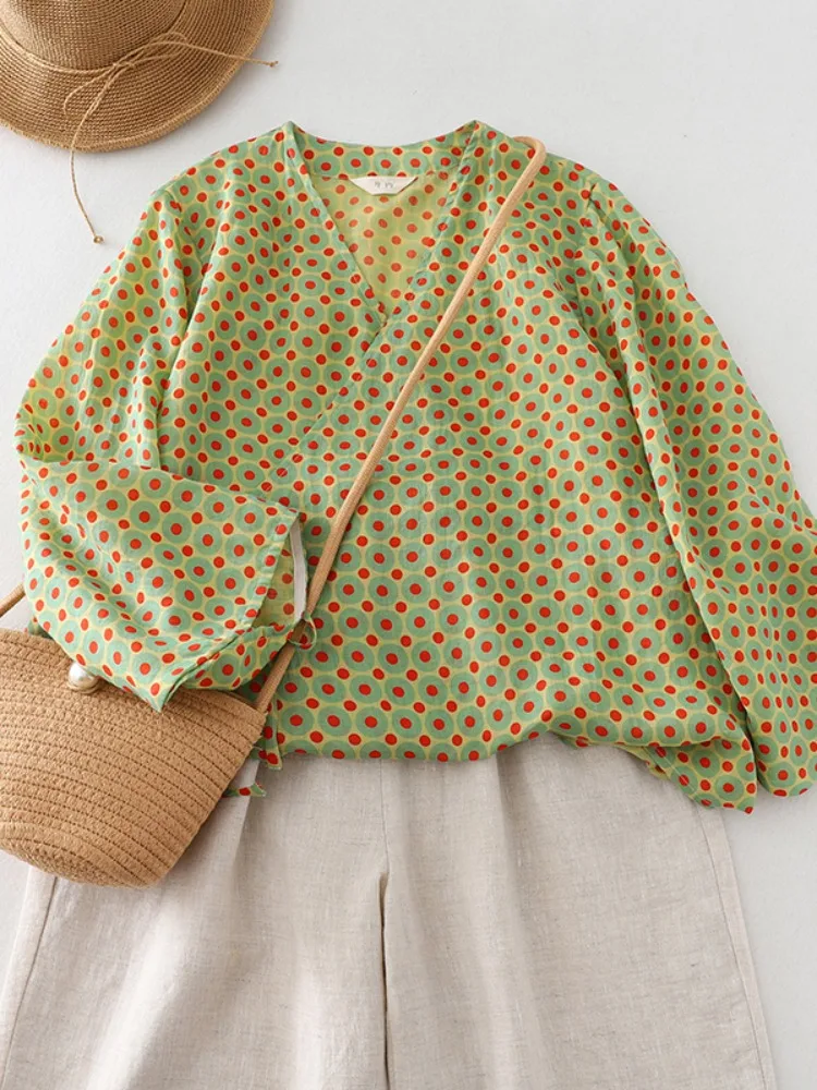 

Женская хлопково-льняная одежда в стиле ретро с v-образным вырезом и цветочным принтом, весна-лето, чайная одежда на пуговицах сбоку, повседневный тонкий топ против старения