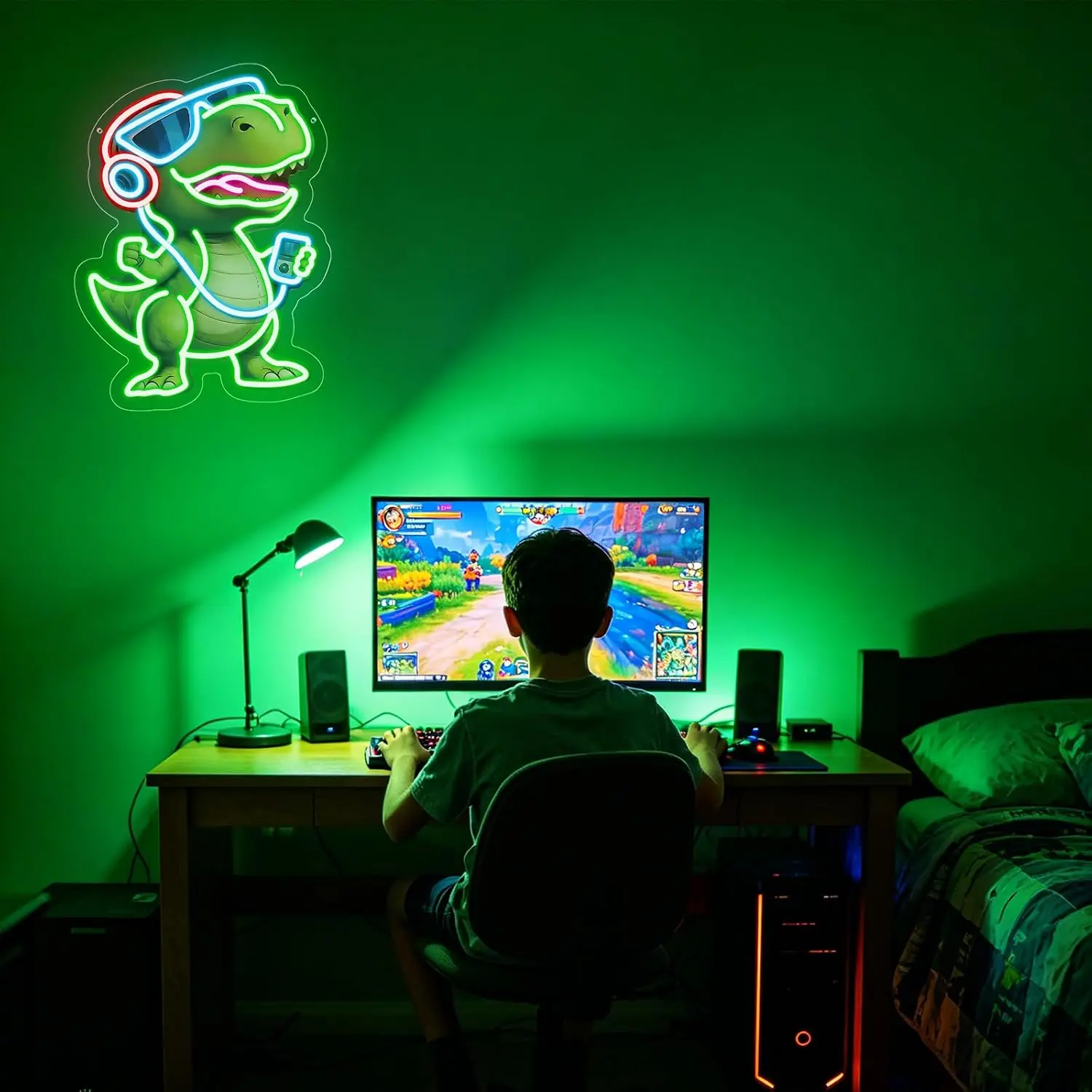 Cartoon T‑Rex Dinosaur LED Neon Sign USB Powered Neon Light for Kid Game Room Music Studio Bedroom Christmas Wall Art Decor Gift
