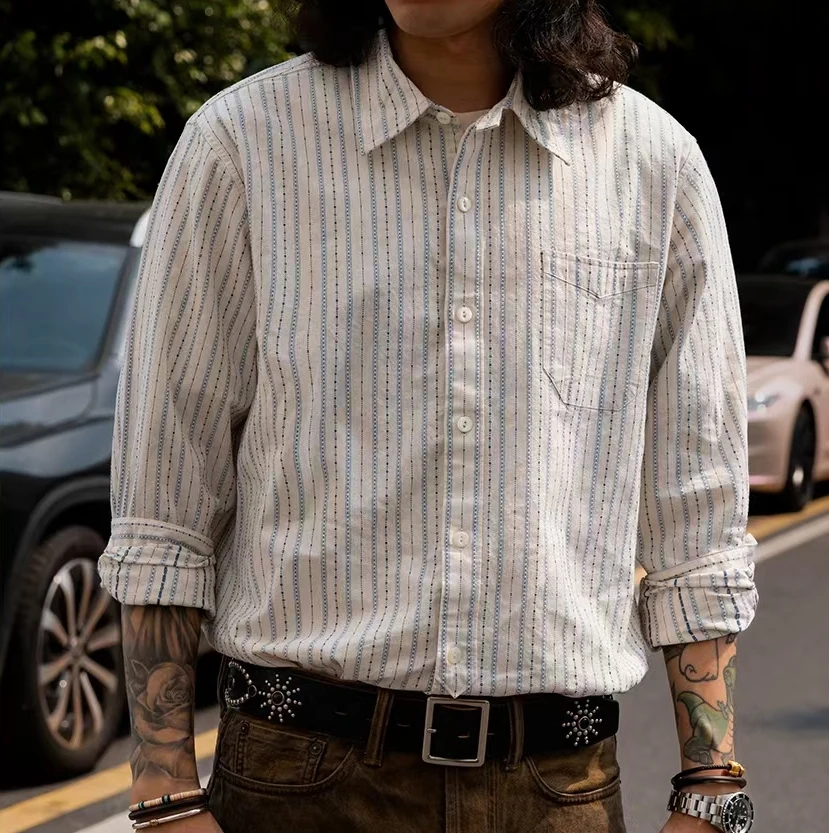 ST-0093 Red Tornado US Size Mans Cotton Shirt Genuine Quality Vintage Strip Long Sleeve Loose Fitting Shirts