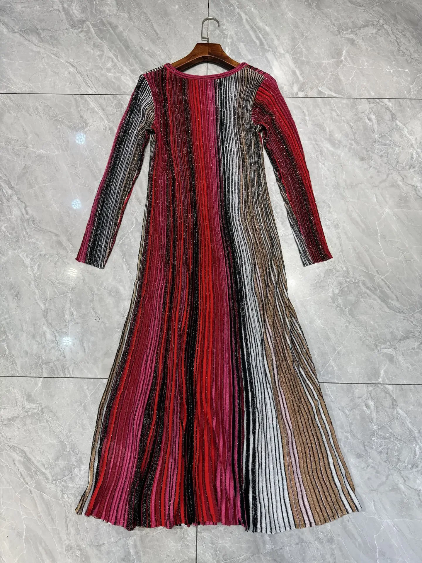 

Women Metallic Sequined Striped Maxi Dress Green or Red Square Collar Long Sleeve Casual Slim Knitted Robe