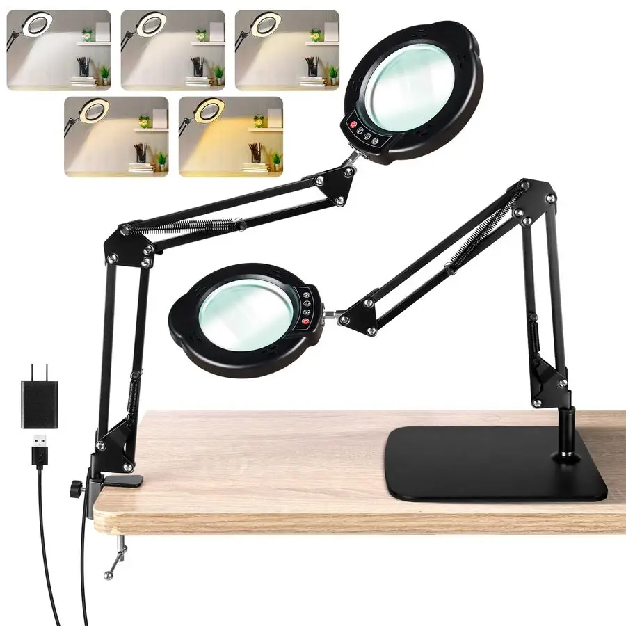 

10X Magnifying Glass with Light and Stand, LED Desk Lamp with Base and Clamp, 5 Color Mode, 10 Dimmable Levels, Hands Free for