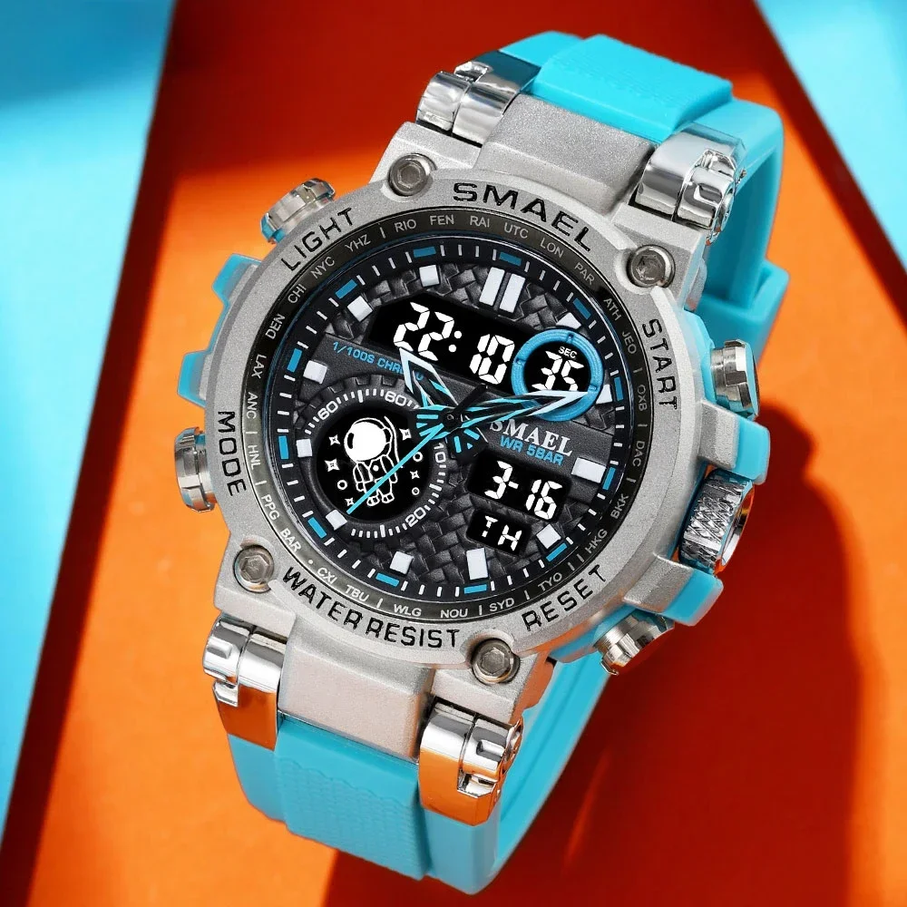 Light Blue Sport Digital Watch for Men Waterproof Dual Time Display Chronograph Quarz Wristwatch with Auto Date Week 1803B