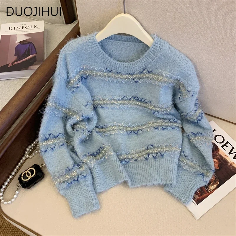 DUOJIHUI Pink Striped Sweet Soft Simple Sweater Women Pullovers Autumn New Knitting Basic O-neck Casual Fashion Female Pullovers