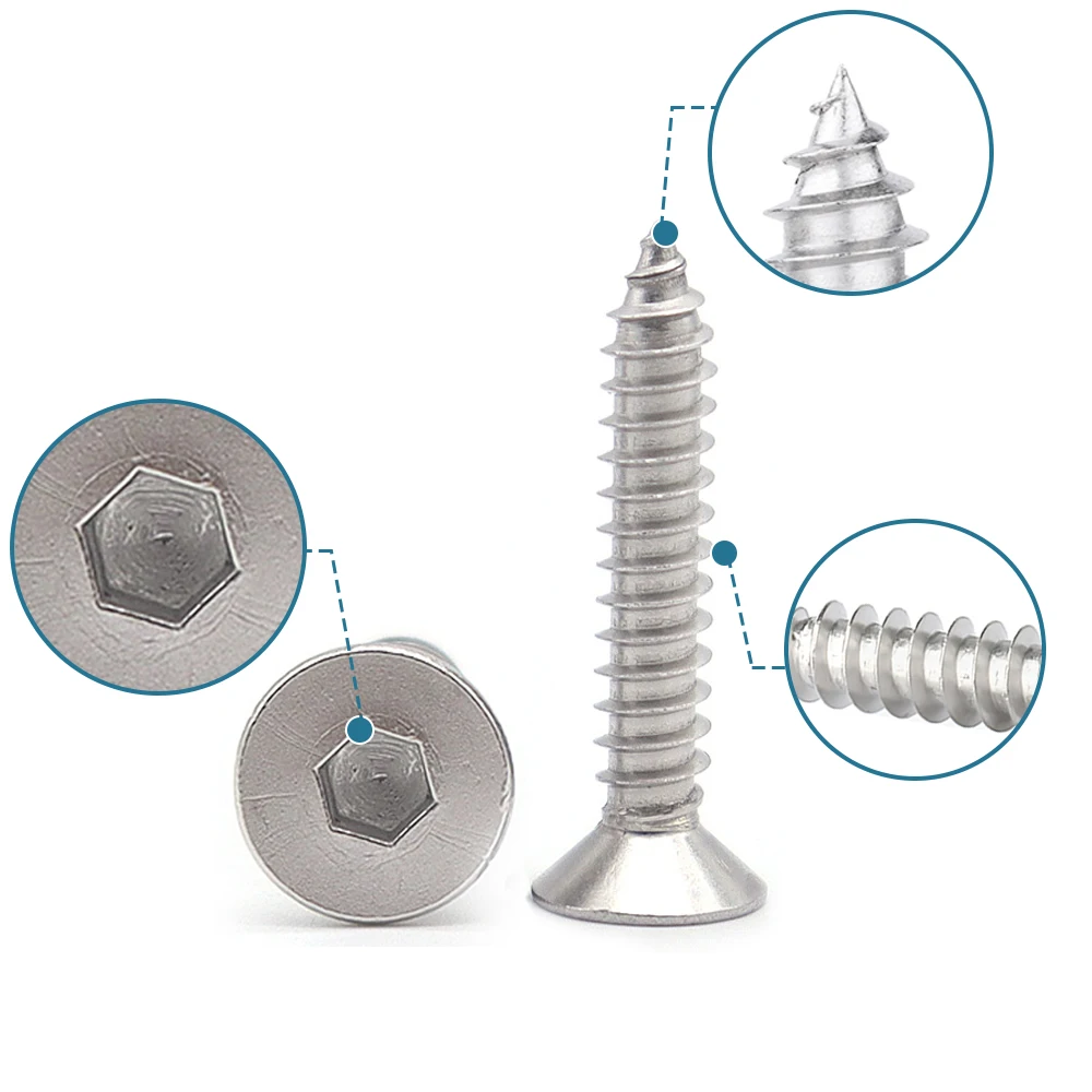 Tornillo autorroscante de cabeza plana con casquillo hexagonal m2 m2.6 m3 m4 m5 m6 tornillos roscados de cabeza avellanada Allen de acero al carbono niquelado