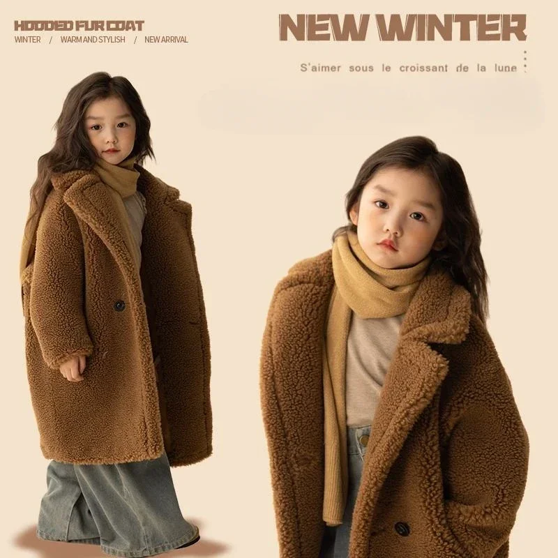 Kid Coats 2023 New Winter Korean Fashion Style Coats Girl Baby Heavy Warm Length Overcoat Fur Coat Children Faux Fur Top Clothes