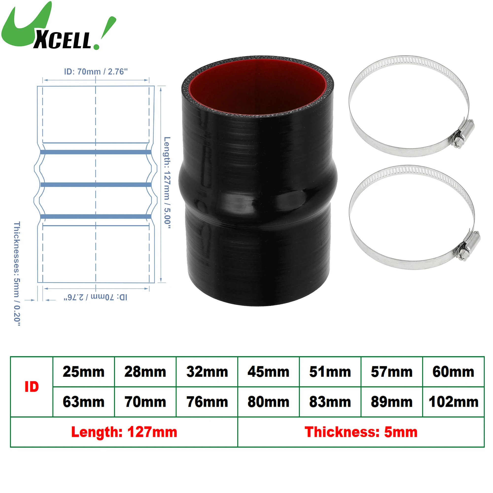 

UXCELL 25/28/30/35/40/51/54/57/61/63/68/70/76/80/83/89/102mm ID 127mm Length Silicone Hump Hose Coolant Hose with Clamps Black