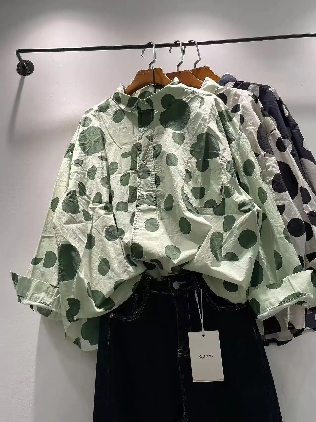 

Bust 126cm Women's Green Polka Dot Print Shirt 100% Cotton Original Long Sleeve Loose Casual Blouse Ladies Tops